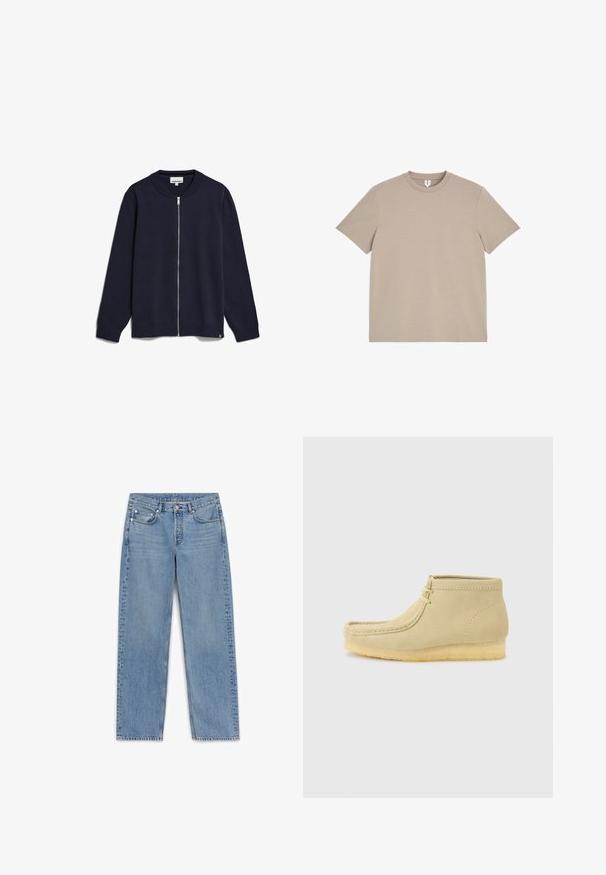 Navy-blaues Zip-Up-Strickjacke aus gestricktem Stoff, mit Rundhalsausschnitt, langen Ärmeln, gerippten Bündchen und Saum sowie einem kleinen Markenetikett an der Unterseite.; Beiges Baumwoll-T-Shirt mit kurzen Ärmeln und Rundhalsausschnitt, flach auf weißem Hintergrund liegend, Vorderseite sichtbar.; Hellblaue Denim-Jeans mit geradem Schnitt, fünf Taschen und subtilen Auswaschungen. Sie verfügen über einen Knopfverschluss und Nähdetails entlang der Nähte.; Beiger Wildleder-Mokassin in Knöchelhöhe mit Krepsohle und Schnürung vorne, vor einem schlichten hellgrauen Hintergrund.