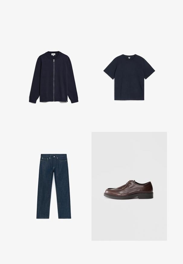 Navy-blaues Zip-Up-Strickjacke aus gestricktem Stoff, mit Rundhalsausschnitt, langen Ärmeln, gerippten Bündchen und Saum sowie einem kleinen Markenetikett an der Unterseite.; Schwarzes kurzärmliges T-Shirt mit Rundhalsausschnitt flach auf einem weißen Hintergrund ausgelegt, zeigt die Vorderseite und das Nackenetikett.; Dunkelblaue Jeans aus Denim mit geradem Bein. Merkmale sind Vordertaschen, Metallbeschläge und kontrastierende Nähte.; Braune Lederdressschuhe mit einer abgerundeten Spitze, minimalen Nähakzenten und einer robusten schwarzen Sohle. Verfügt über eine Schnürung und eine glatte Textur.