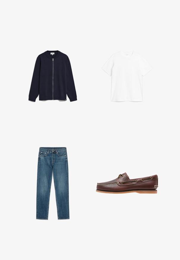 Navy-blaues Zip-Up-Strickjacke aus gestricktem Stoff, mit Rundhalsausschnitt, langen Ärmeln, gerippten Bündchen und Saum sowie einem kleinen Markenetikett an der Unterseite.; Weißes Baumwoll-T-Shirt mit Rundhalsausschnitt und kurzen Ärmeln. Der Stoff wirkt glatt mit einem klassischen, geraden Schnitt.; Blaue Jeans mit geradem Bein, vorderem Knopf und Reißverschluss, fünf Taschen sowie Gürtelschlaufen.; Brauner Leder-Bootsschuh mit weißen Nähten, Schnürdetails und hellbrauner Gummisohle, seitlich auf weißem Hintergrund gezeigt.