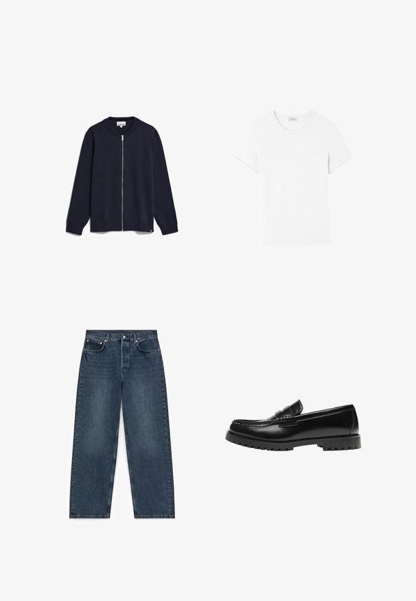 Marineblauwe zip-up cardigan van breiwerk, met een ronde halslijn, lange mouwen, geribbelde manchetten en zoom, en een klein merkembleem onderaan.; American Vintage GAMIPY - T-shirt basic - blanc; Donkerblauwe spijkerbroek met rechte pijpen, vijf zakken en knoopsluiting, plat gelegd op een witte achtergrond.; Zwarte leren loafer met een dikke rubberen zool en klassieke penny-strap details, gezien vanaf de buitenkant.