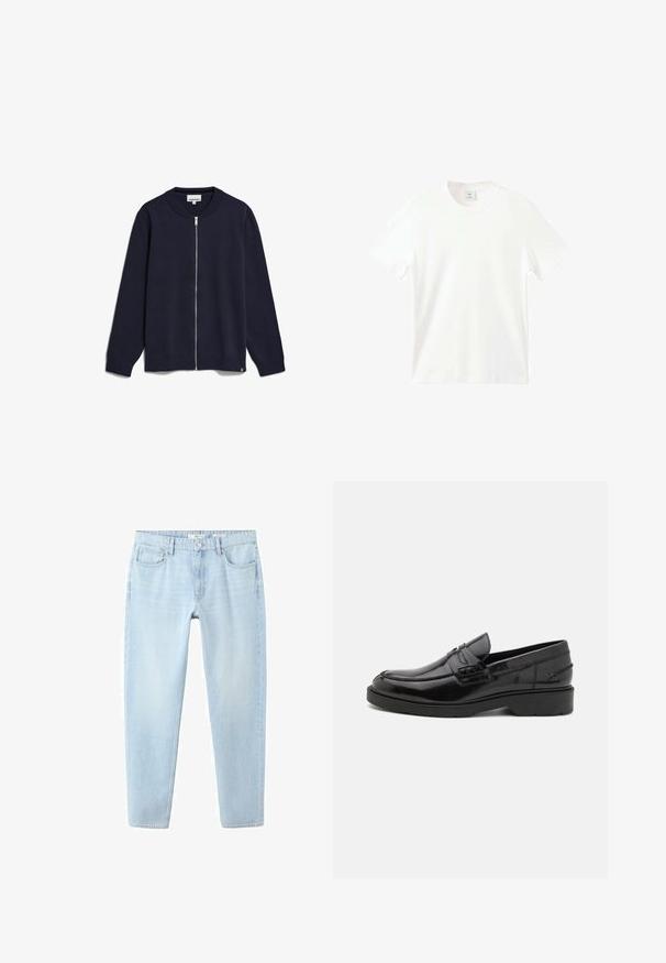 Navy-blaues Zip-Up-Strickjacke aus gestricktem Stoff, mit Rundhalsausschnitt, langen Ärmeln, gerippten Bündchen und Saum sowie einem kleinen Markenetikett an der Unterseite.; Weißes T-Shirt mit kurzen Ärmeln aus glattem Baumwollstoff, mit einem runden Ausschnitt und einem lockeren Schnitt, ohne sichtbare Muster oder Akzente.; Hellblaue Jeans aus Denim mit vorderem Knopf- und Reißverschluss, Gürtelschlaufen und fünf Taschen, flach auf weißem Hintergrund liegend.; Schwarze Lederloafers mit glatter Oberfläche, abgerundetem Zehenbereich, niedrigem Absatz und dekorativer Naht entlang der Vorderseite. Gummisohle für guten Halt.