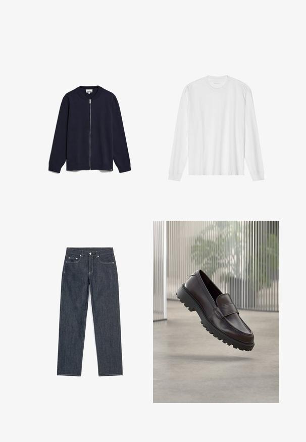Navy-blaues Zip-Up-Strickjacke aus gestricktem Stoff, mit Rundhalsausschnitt, langen Ärmeln, gerippten Bündchen und Saum sowie einem kleinen Markenetikett an der Unterseite.; Weißes langärmeliges Baumwoll-T-Shirt mit Rundhalsausschnitt, mit gerippten Bündchen und geradem Saum, glatter Textur und minimalistischem Design.; Dunkelblaue Jeans mit geradem Schnitt, fünf Taschen, sichtbaren weißen Nähten und Knopf- sowie Reißverschluss.; Brauner Leder-Schlupfschuh mit abgerundetem Zehenbereich und einer robusten schwarzen Gummisohle. Verfügt über einen dekorativen Riemen über dem Spann.