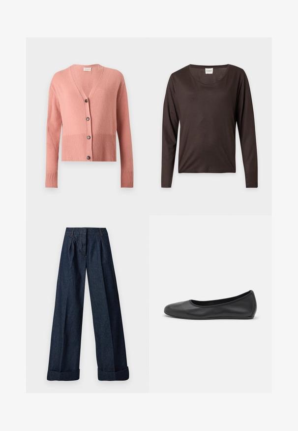 Cardigan rose à manches longues en tricot, encolure en V, ourlet et poignets côtelés, avec quatre boutons noirs sur le devant.; Chemise à manches longues marron foncé avec encolure ronde, ourlet droit et une petite étiquette blanche indiquant "CLOSED" à l’intérieur du col.; Jean en denim foncé à jambes larges avec plis à l'avant et ourlets retroussés, présenté à plat sur un fond blanc.; Ballerines en cuir noir avec un bout rond, texture lisse, détails de couture minimalistes et design de semelle flexible.