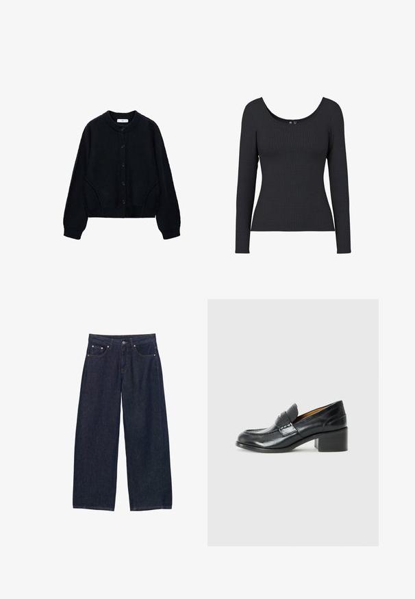Sort strikket cardigan med rund halsudskæring, knaplukning og lange ærmer. Har sidelommer og ribbede manchetter og kant.; Sort ribbet langærmet top med en rund halsudskæring. Materialet er blødt og strækbart, og har en vertikal ribstruktur over hele toppen.; Mørkeblå denimbukser med brede ben, forlommer, bæltestropper og knaplukning ved taljen.; Sorte læder loafers med en lav blokhælg, der har et dekorativt bånd og syningsdetaljer på overlæderet. Glat tekstur hele vejen igennem.