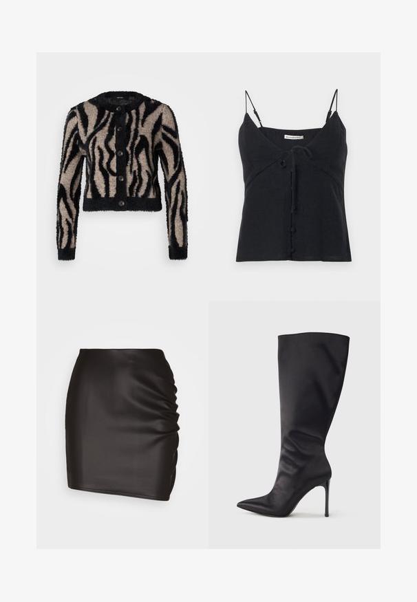 Vero Moda Petite VMVALENTINA O NECK CARDIGAN - Vest - black/silver mink; Zwart mouwloos tanktopje met dunne verstelbare bandjes, strik aan de voorkant en bedekte knoopdetails van Abercrombie & Fitch.; Zwarte minirok van glad synthetisch materiaal, met rimpeldetails aan één kant en een aansluitende pasvorm.; Zwarte kniehoge stiletto laars gemaakt van glad, glanzend materiaal; puntige neus; aansluitende pasvorm met subtiele plooien bij de enkel; glanzende hak.