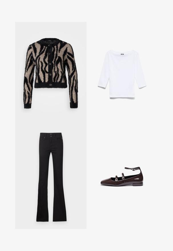 Vero Moda Petite VMVALENTINA O NECK CARDIGAN - Kardigan - black/silver mink; Valge kolmandiku pikkuse varrukatega särk, mis on valmistatud puuvillasegust kanga; omab laia paadi kaelust ja sileda, kerge tekstuuri.; Mustad kõrge vöökohaga lõhestatud püksid esitaskute, vööaasade ja kahekordse nööpklambriga tavalise taustaga.; Pruunist patendist nahast madalad kingad terava ninaga, millel on kaks reguleeritavat rihma ja hõbedased pandlad ning madal, ruudukujuline konts.