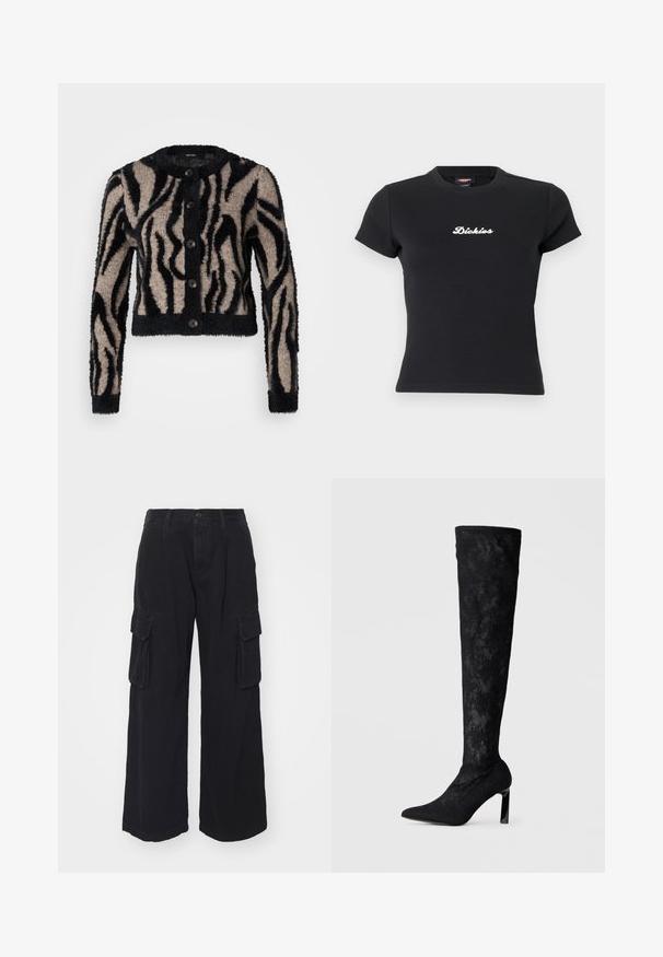 Vero Moda Petite VMVALENTINA O NECK CARDIGAN - Strickjacke - black/silver mink; Schwarzes, eng anliegendes T-Shirt mit kurzen Ärmeln, weißem "Dickies"-Logo mittig auf der Brust und Rundhalsausschnitt.; Schwarze Cargo-Hose aus robustem Material, mit weitem Bein, mehreren Seitentaschen und einem klassischen Knopfverschluss an der Taille.; Schwarze über-knie hohe Stiefel aus strukturiertem Stoff, mit einer spitzen Zehe und einem hohen, glänzenden Absatz mit einem schnürsenkelartigen Muster.