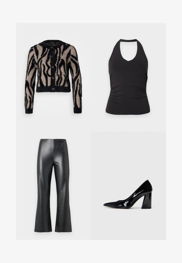 Vero Moda Petite VMVALENTINA O NECK CARDIGAN - Cardigan - black/silver mink; Sort ærmeløs halterneck-top med tilpasset talje og let rynkning i siderne, vist på en ensfarvet lys baggrund.; Sorte faux læderbukser med en flagrende ben design, der har en glat, blank overflade og en høj talje. Enkel og stilren fremtoning.; Sorte lakerede højhælede sko med spids tå og en kraftig hæl, der har en glat, skinnende overflade og et elegant design.