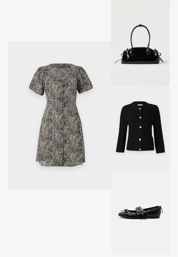 JDY JDYJANNE O NECK CARDIGAN - Strickjacke - black; Leopardenmusterkleid mit kurzen Puffärmeln, V-Ausschnitt und vorderem Knopfverschluss. Hergestellt aus leichtem Stoff, mit einem ausgestellten Rock.; Schwarzer flacher Ballettschuh mit doppelten Schnallenriemen, silbernen Ösen und einer kleinen Schleife nahe der abgerundeten Spitze auf weißem Hintergrund.; Kleine schwarze glänzende Handtasche mit zwei langen Griffen und seitlichen Kordelzug-Details vor einfachem hellem Hintergrund.