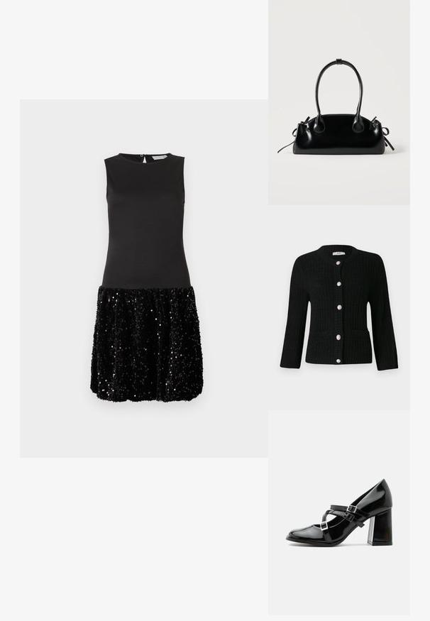 JDY JDYJANNE O NECK CARDIGAN - Strickjacke - black; Ärmelloses schwarzes Kleid mit tailliertem Oberteil und kurzem Rock, der mit glänzenden schwarzen Pailletten bedeckt ist, vor einem schlichten weißen Hintergrund.; Glänzender schwarzer Mary-Jane-Pumps mit drei geschnallten Riemen und einem massiven Blockabsatz, in Seitenansicht vor weißem Hintergrund gezeigt.; Kleine schwarze glänzende Handtasche mit zwei langen Griffen und seitlichen Kordelzug-Details vor einfachem hellem Hintergrund.