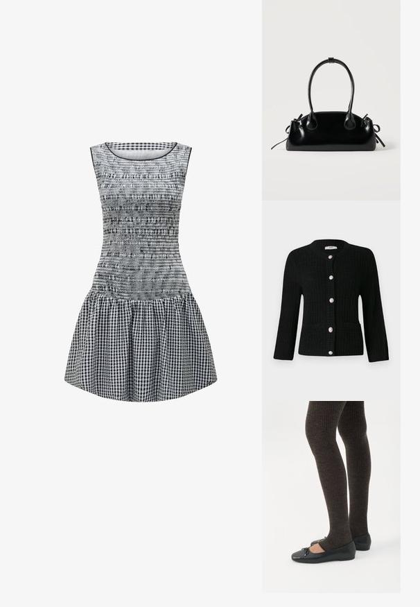 JDY JDYJANNE O NECK CARDIGAN - Kardigan - black; Mustriline mustriga mustri ja sobiva taljega must ja valge gingham kleit, smockitud tekstuuriga ja kootud seelikuosaga. Lihtne ümar kaelus ja ilma varrukateta disain.; Jalad seljas tumedad soonelises soonelises kombines mustade baleriinadega, millel on väikesed paelade detailid valgel taustal.; Väike must läikiv käekott kahe pika sangaga ja külgedel paelakinnitustega, ühel lihtsal helel taustal.