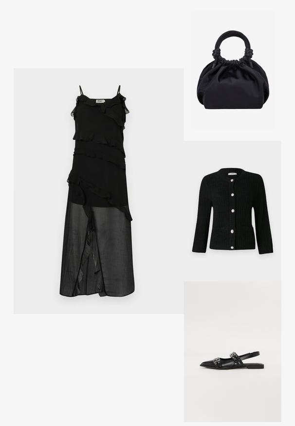JDY JDYJANNE O NECK CARDIGAN - Kardigán - black; Čierne šaty s volánovými vrstvami, nastaviteľnými tenkými ramienkami a splývavou siluetou. Vyrobené z ľahkej látky s priehľadnou vrstvou.; Even&Odd by Zalando Balerínky na šnúrky - black; Čierna mäkká látková kabelka so zbieraným vrchom a okrúhlymi vyvložkovanými rukoväťami zviazanými uzlami na každej strane.