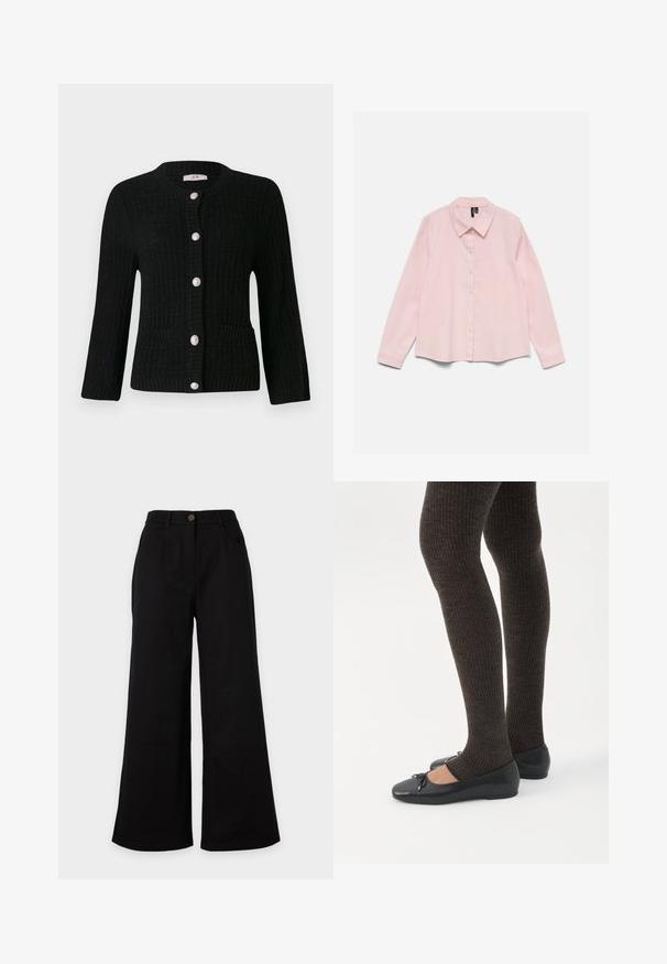 JDY JDYJANNE O NECK CARDIGAN - Vest - black; Lichtroze blouse met lange mouwen, knopen en kraag, plat gelegd op een witte achtergrond.; Zwarte broek met wijde pijpen, voorzakken, riemlussen en een enkele bruine knoopsluiting in de taille.; Benen met donkere geribbelde leggings gecombineerd met zwarte ballerina's met kleine strikdetails op een witte achtergrond.
