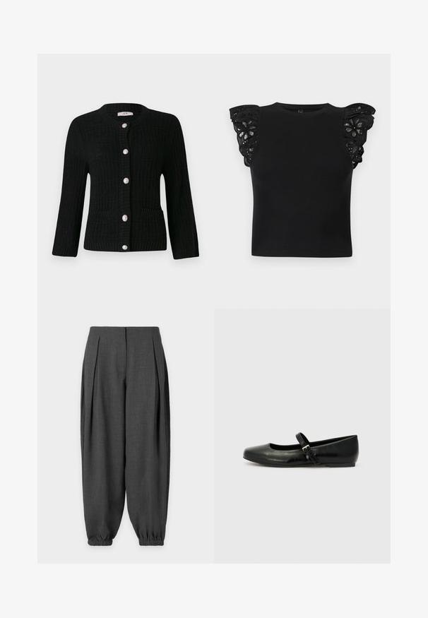 JDY JDYJANNE O NECK CARDIGAN - Strickjacke - black; Schwarzes ärmelloses Top mit rundem Ausschnitt, gerippter Struktur und Spitzenrüschendetails mit floralen Ausschnitten an den Schultern.; Dunkelgraue, locker sitzende Hose mit Falten vorne und elastischen Bündchen an den Knöcheln auf einfarbigem Hintergrund.; Schwarze Leder-Ballerinas mit einer runden Spitze, einer flachen Sohle und einem dünnen, verstellbaren Riemen über dem Spann mit einer Metallschnalle.