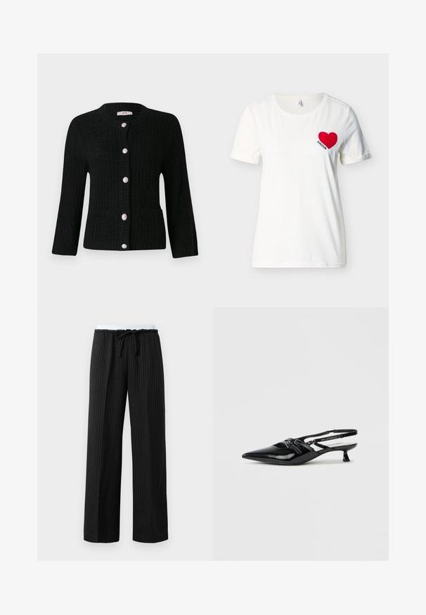 JDY JDYJANNE O NECK CARDIGAN - Cardigan - black; Hvid T-shirt med korte ærmer og rund hals, med et rødt hjerte og ordet "AMOUR" på venstre bryst.; Sorte pinstripede bukser med brede ben, hvid elastisk talje og sort snor til knytning i taljen.; Sort laklæder slingback-sko med spids tå, lille blokhæl og justerbar rem med udskæringsdetaljer og logoaccenter.