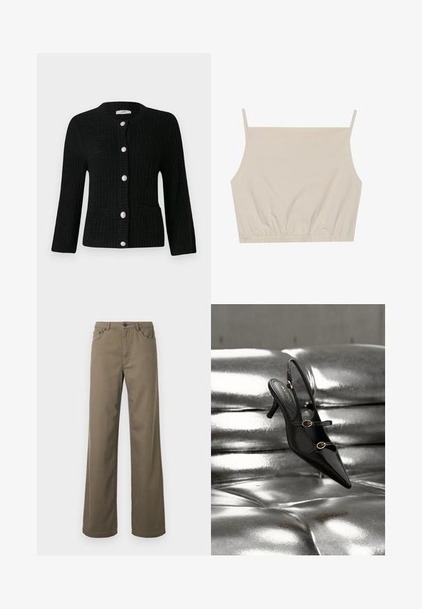 JDY JDYJANNE O NECK CARDIGAN - Kardigan - black; Beež kangast crop-top õhukeste rihmadega. Valmistatud pehmest, venivast kangast, millel on voogav serv. Sile tekstuur, ilma nähtavate mustriteta.; Laiade lõikega püksid oliivrohelisest puuvillast, millel on nööpidega sulgumine, vöökanalid ja viie taskuga disain, sileda ja vastupidava tekstuuriga.; Must teravatsaline sling-back konts kuldsete pandlatega, mis toetub läikivale hõbedasele pehmendatud pinnale.