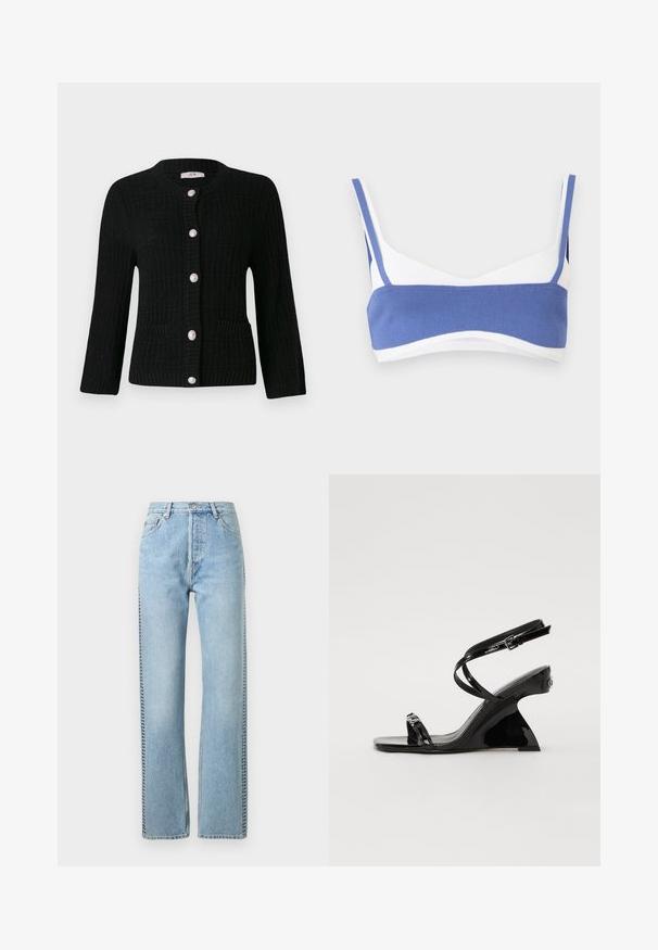 JDY JDYJANNE O NECK CARDIGAN - Strickjacke - black; Weißes Bikinioberteil mit breitem, horizontalem blauen Streifen auf der Vorderseite und blauen Trägern vor schlichtem hellem Hintergrund.; Hellblaue Denim-Jeans mit hoher Taille, geradem Bein und sichtbaren Nähten an den Seiten. Klassischer Fünf-Taschen-Stil.; Schwarze Lackleder-Wedge-Sandale mit einem eleganten, offenen Zehendesign, dünnen Knöchelriemen und einem dekorativen Schnallenakzent.