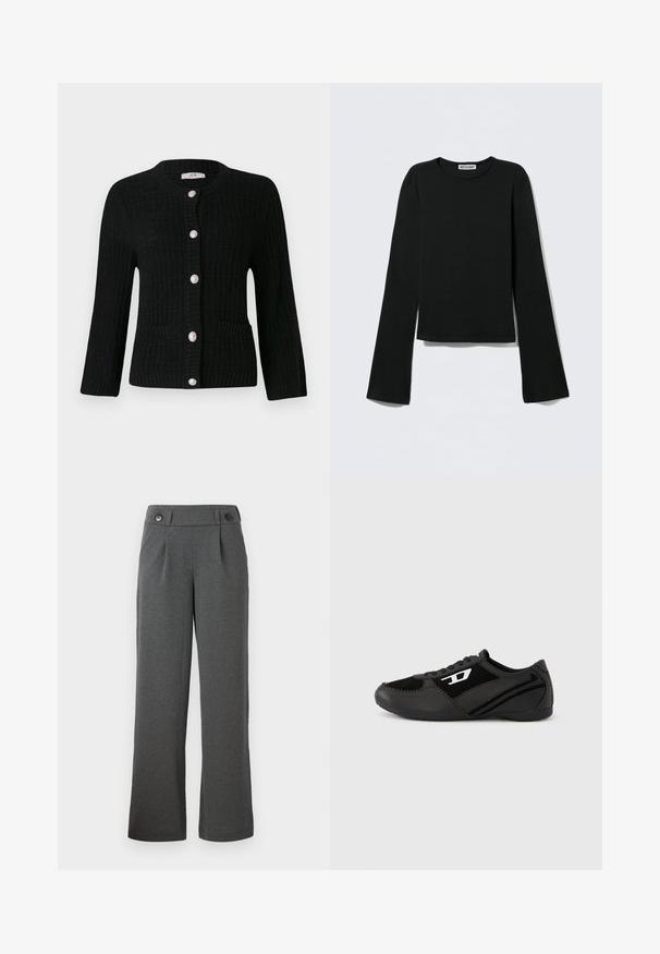 JDY JDYJANNE O NECK CARDIGAN - Kardigan - black; Must pikkade varrukatega top, mis on valmistatud pehmest kangast. Omab ümarat kaelust ja lõhikutega varrukaid koos lühendatud äärega. Sildil on kiri "WEEKDAY".; Hallide läikivad püksid, mis on valmistatud tekstuuriga kangast, kõrge vöökoht, esipliidid ja kaks nööpi vööl.; Mustad sportkingad seemisnahast ja sünteetilisest pealsest, millel on tekstureeritud disain, ümar nina ja lame tald. Hõbedane logo küljele kinnitatud.