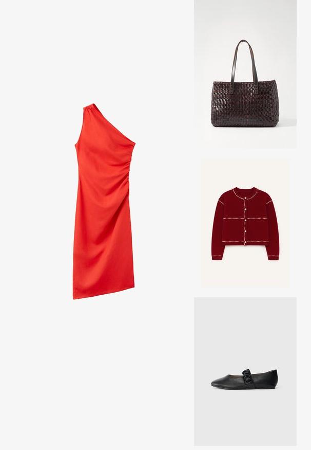 Rød cardigan med knaplukning, lavet af strikket stof, med hvide syninger og en cropped design. Rund hals og lange ærmer.; Rød knælængde kjole med en skulderstrop og samlet detalje på siden, lavet af glat stof.; Sort flad sko med en rynket elastisk rem over toppen og en rund tå på en ensfarvet hvid baggrund.; DRAGON DIFFUSION SALVAGE - Håndtasker - dark brown