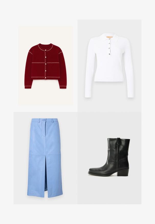 Rød cardigan med knaplukning, lavet af strikket stof, med hvide syninger og en cropped design. Rund hals og lange ærmer.; Hvid ribbet langærmet polo med krave og fire sølvknapper på stolpen.; Lyseblå midi-lædernederdel med frontslids, knaplukning og bæltestropper, vist på en ensfarvet baggrund.; Sort læder ankelstøvle med rundt tå, blokhæl, lynlås i siden og stikninger på vampsiden. Glat tekstur, klassisk design.
