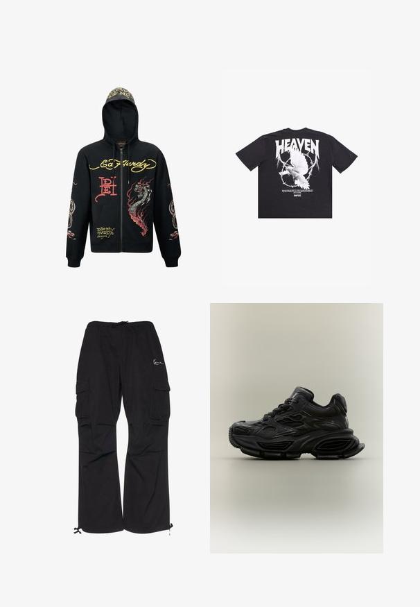 Sorte hættejakke med lynlås, der har hætte, med farverige grafik af drager og slanger, tekstureret stof, ribbede manchetter og logo-detaljer.; Sort bomulds T-shirt med en hvid due grafik, teksten "HEAVEN" og citater trykt på bagsiden. Korte ærmer, afslappet pasform.; Sorte cargobukser lavet af letvægtsstof, med elastisk talje med snøre, sidelommer og justerbare manchetter.; Sort chunky sneaker med tekstureret design, tyk sål og snørelukning vist mod en almindelig neutral baggrund.