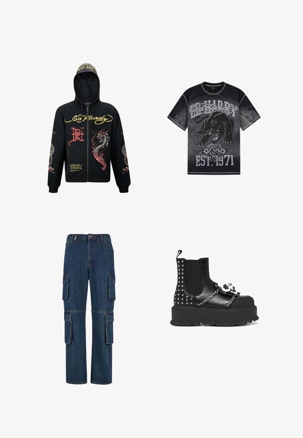 Haut de hoodie noir zippé avec une capuche, présentant des graphismes colorés de dragon et de serpent, un tissu texturé, des poignets côtelés et des accents de logo.; T-shirt Ed Hardy noir et gris avec une panthère noire qui grogne, des roses, et les mentions « Ed Hardy », « Drawn by L.A. », et « EST. 1971. »; Pantalons cargo en denim bleu foncé présentant de multiples poches latérales, un design à jambes droites et des coutures contrastantes. Tissu durable avec une coupe classique.; Botte plateforme noire avec des clous argentés, des détails en chaîne et une décoration de crâne blanc sur le panneau avant.