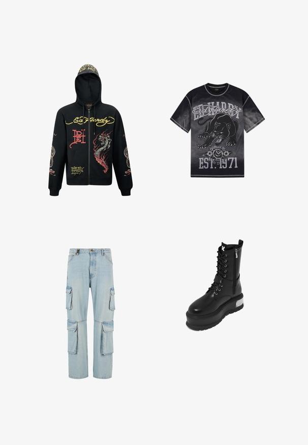 Sorte hættejakke med lynlås, der har hætte, med farverige grafik af drager og slanger, tekstureret stof, ribbede manchetter og logo-detaljer.; Sort og grå Ed Hardy T-shirt med en brølende sort panter, roser og teksten "Ed Hardy", "Drawn by L.A.", og "EST. 1971."; Lys blå denim cargo bukser med flere sidelommer, lige ben design og en tonet finish. Har en frontknap og lynlås lukning.; Sort faux læder kampstøvle med en chunky platform, der har snørebånd fortil, lynlås lukning og metallisk detalje på hælen.