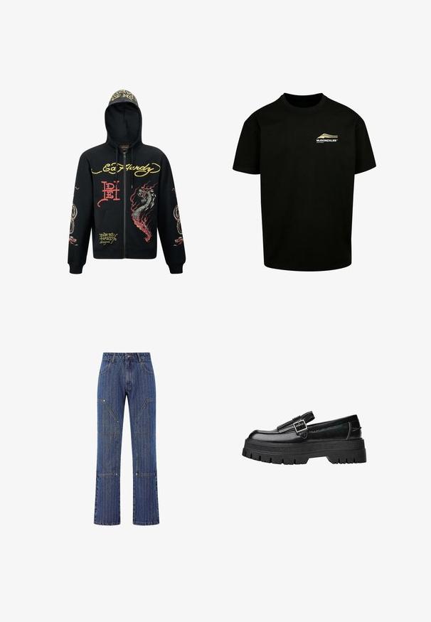 Sorte hættejakke med lynlås, der har hætte, med farverige grafik af drager og slanger, tekstureret stof, ribbede manchetter og logo-detaljer.; Sort bomulds t-shirt med rund hals, der har et lille guld "MJGONZALES" logo og et buet grafisk design på venstre bryst. Korte ærmer.; Blå denim jeans med et stribemønster, der har en lige ben-design, flere lommer og metalhardware detaljer.; Sorte læderloafer med en blank finish, der har en spænde detalje og en kraftig tekstureret sål for ekstra greb og stabilitet.