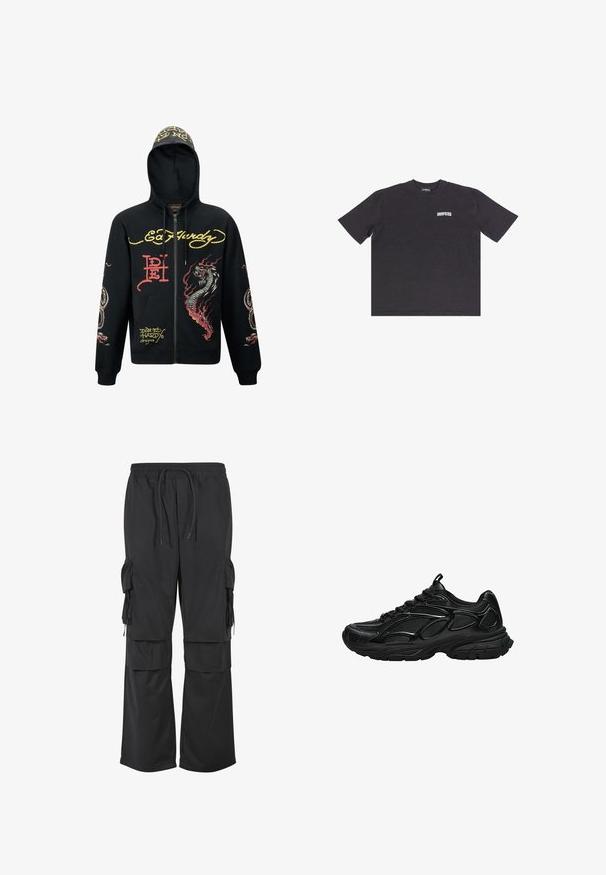 Sorte hættejakke med lynlås, der har hætte, med farverige grafik af drager og slanger, tekstureret stof, ribbede manchetter og logo-detaljer.; Sort bomulds oversized t-shirt med korte ærmer, rund halsudskæring og hvid "DROPSIZE" tekst på forsiden. Glat tekstur, afslappet design.; Sorte cargo bukser med vidde ben, elastisk linning, snøre og flere klaplommer på lårene og den nederste del af benene.; Sort atletiksko med mesh og syntetisk overdel, tyk polstret sål og snørebånd, vist fra siden på hvid baggrund.