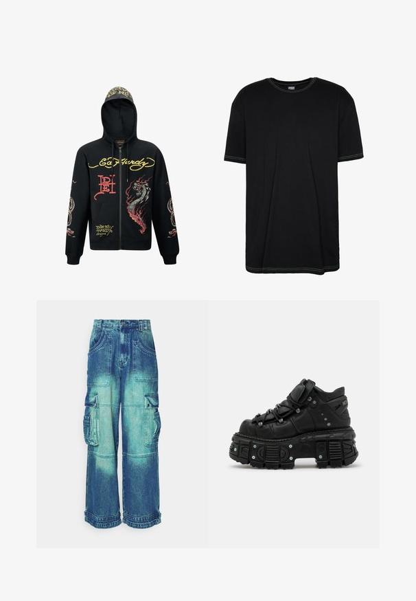 Haut de hoodie noir zippé avec une capuche, présentant des graphismes colorés de dragon et de serpent, un tissu texturé, des poignets côtelés et des accents de logo.; T-shirt en coton noir à manches courtes, col rond, avec des coutures vertes contrastantes le long du col et de l'ourlet. Design simple et sans embellissement.; Pantalons cargo en denim dégradé de bleu, avec de nombreuses poches, jambes larges et ourlet effiloché. Conçus en tissu robuste avec des coutures visibles.; Bottines montantes noires en cuir avec une semelle en caoutchouc épaisse, un design à lacets, un col rembourré et des accents métalliques. Présente une semelle extérieure crantée pour une meilleure adhérence.