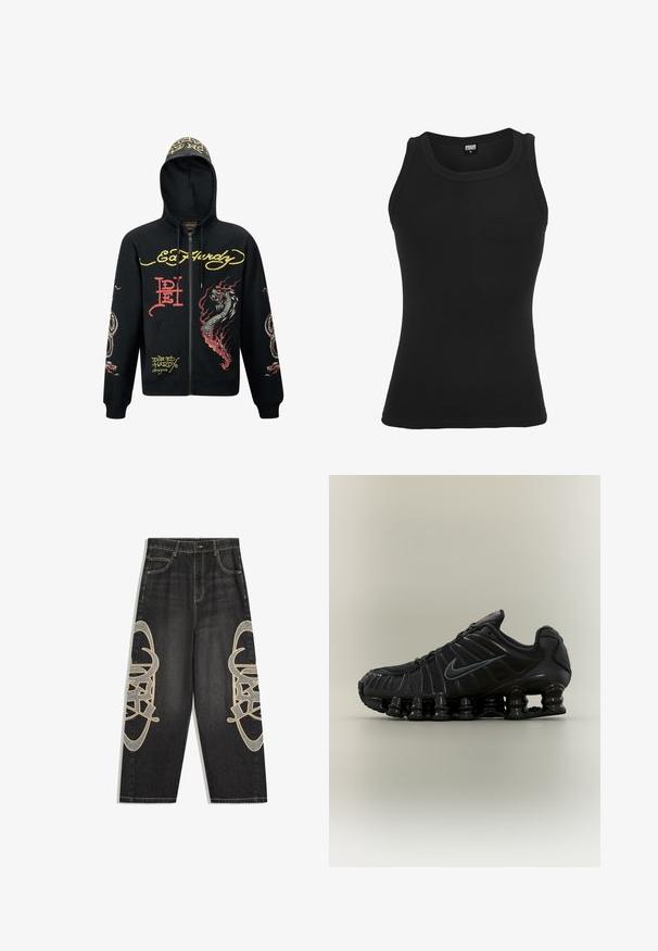 Sorte hættejakke med lynlås, der har hætte, med farverige grafik af drager og slanger, tekstureret stof, ribbede manchetter og logo-detaljer.; Sort ærmeløs ribbet tanktop med rund halsudskæring og Urban Classics label på bagsiden inde i kraven i størrelse medium.; Sorte jeans med vide ben med let geometrisk broderi på ydersiden af lårene samt standardlommer og knaplukning i taljen.; Sort Nike løbesko med fjedrende opdelt sål, mesh-øverdel og matchende sort swoosh-logo på siden.