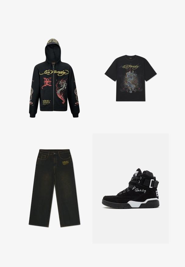Sorte hættejakke med lynlås, der har hætte, med farverige grafik af drager og slanger, tekstureret stof, ribbede manchetter og logo-detaljer.; Sort t-shirt med korte ærmer med et blåt drage- og rosedesign, og "Ed Hardy" skrevet med gul kursiv over designet.; Sorte jeans med vidde ben og forlommer samt gul "Don Ed Hardy designs" logo på højre lår, vist fladt på hvid baggrund.; Patrick Ewing 33HI OG - Sneakers high - black/ white