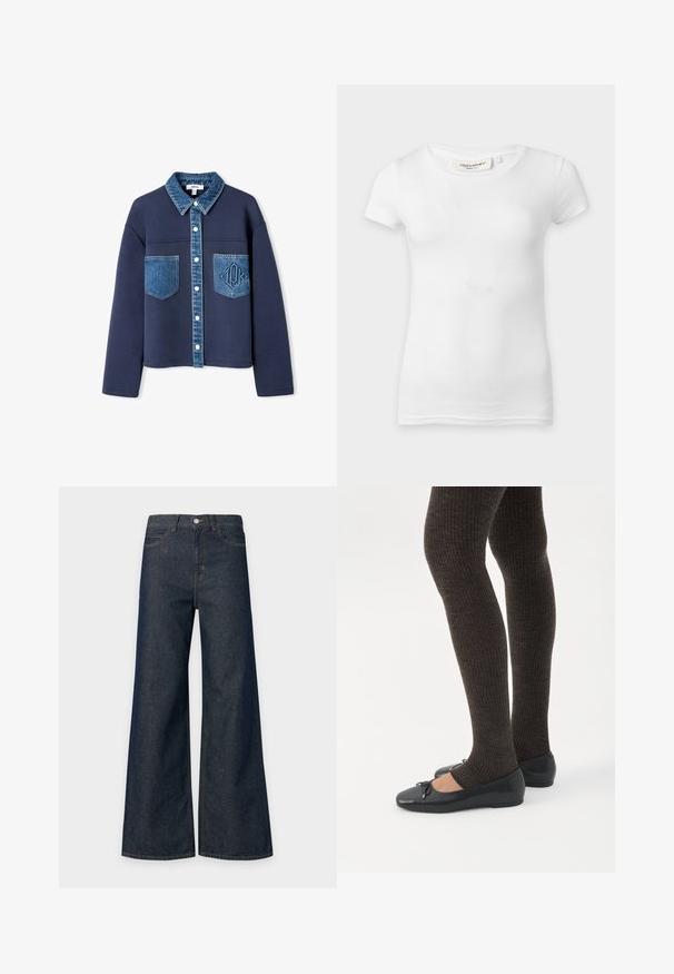 Chaqueta azul marino con cuello de mezclilla y bolsillos, con cierre de botones, texturas de tela en contraste y un sutil logo en relieve en uno de los bolsillos.; Camiseta ajustada de manga corta blanca lisa con cuello redondo, mostrada sobre una superficie plana.; Vaqueros de tiro alto azules oscuros de pata ancha con cierre delantero de botón y cremallera y bolsillos delanteros, mostrados sobre un fondo claro.; Piernas con leggings oscuros acanalados combinados con bailarinas negras que presentan pequeños detalles de lazo sobre un fondo blanco.