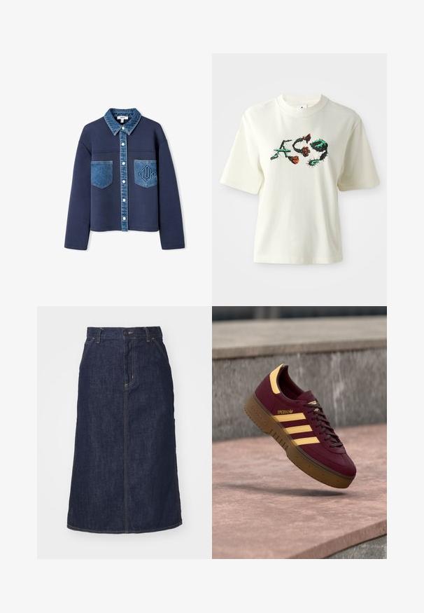Chaqueta azul marino con cuello de mezclilla y bolsillos, con cierre de botones, texturas de tela en contraste y un sutil logo en relieve en uno de los bolsillos.; Camiseta de algodón color crema con mangas cortas que presenta un diseño floral en negro, verde y naranja, y texto estilizado en el centro.; Falda de mezclilla oscura con cintura alta, corte recto, bolsillos delanteros y costuras cosidas. Presenta un cierre de cremallera y botón en la cintura.; Zapatilla Adidas Spezial color burdeos con rayas beige y suela marrón flotando sobre una superficie de hormigón.
