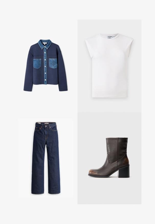 Chaqueta azul marino con cuello de mezclilla y bolsillos, con cierre de botones, texturas de tela en contraste y un sutil logo en relieve en uno de los bolsillos.; Top blanco sin mangas con cuello redondo y detalles acolchados en los hombros, fabricado con tejido liso, mostrado sobre un fondo neutro.; Vaqueros de mezclilla azul oscuro de pierna recta con cinco bolsillos, costuras naranjas y cierre de botón.; Bota de cuero de color marrón oscuro hasta la mitad de la pantorrilla, con punta redondeada y tacón cuadrado, que muestra un sutil desgaste en las áreas de la punta y el tacón.
