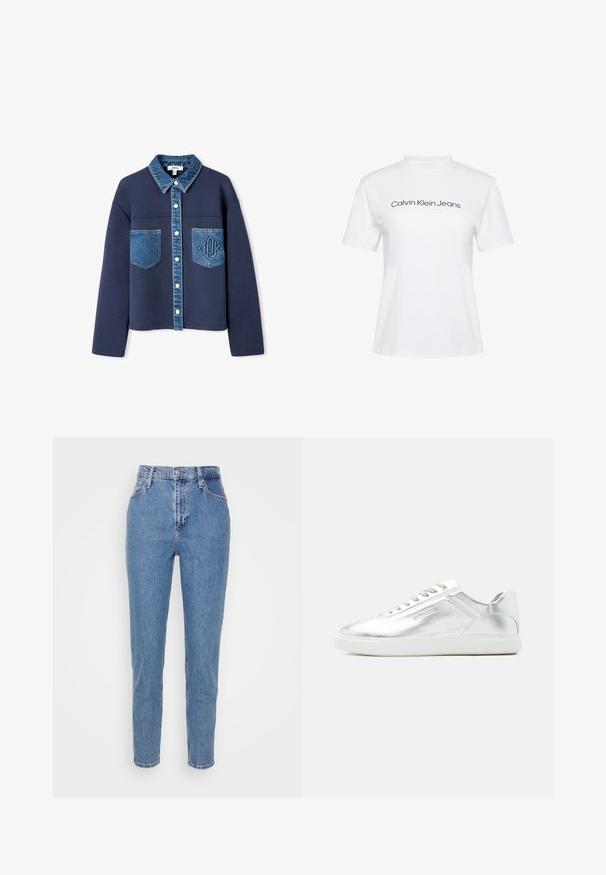 Chaqueta azul marino con cuello de mezclilla y bolsillos, con cierre de botones, texturas de tela en contraste y un sutil logo en relieve en uno de los bolsillos.; Camiseta blanca de algodón con cuello redondo y mangas cortas, con el texto "Calvin Klein Jeans" impreso en negro en el pecho.; Jeans de tiro alto rectos de color azul con botón frontal y cremallera, trabillas para cinturón y bolsillos, exhibidos sobre un fondo blanco liso.; Zapatilla baja metálica plateada con suela y cordones blancos, textura suave y discreto logotipo en relieve en el lateral.