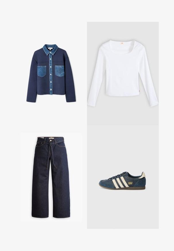 Chaqueta azul marino con cuello de mezclilla y bolsillos, con cierre de botones, texturas de tela en contraste y un sutil logo en relieve en uno de los bolsillos.; Camiseta blanca de manga larga hecha de tela acanalada, con escote cuadrado y diseño ajustado, con una pequeña etiqueta de logo en el costado.; Jeans de mezclilla oscuros de pierna ancha con cintura alta, que cuentan con un lazo ajustable, cinco bolsillos y detalles de costura en contraste.; Zapatillas de ante azul marino con rayas crema, zona de punta texturizada, logo dorado "adidas JAPAN" y suela de goma marrón. Diseño clásico de corte bajo.