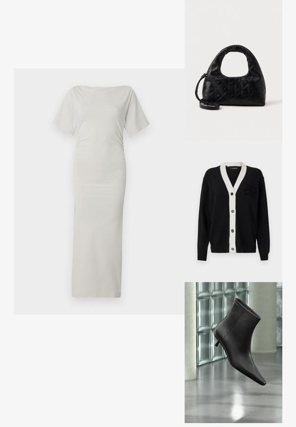 Cárdigan negro con ribete en forma de V blanco y cinco botones delante. Presenta un logo texturizado en el lado izquierdo. Hecho de material suave.; Vestido bodycon en un tejido ligero y suave de color crema. Presenta un escote barco y mangas cortas. Silueta larga y ceñida sin estampados.; Bota de cuero negro para el tobillo con puntera puntiaguda y tacón pequeño, exhibida frente a una pared de bloques de vidrio y un suelo pulido.; Bolso de mano de piel negra con un asa curva en la parte superior, un sutil patrón de diamantes y una correa desmontable. La textura es suave con detalles en relieve.