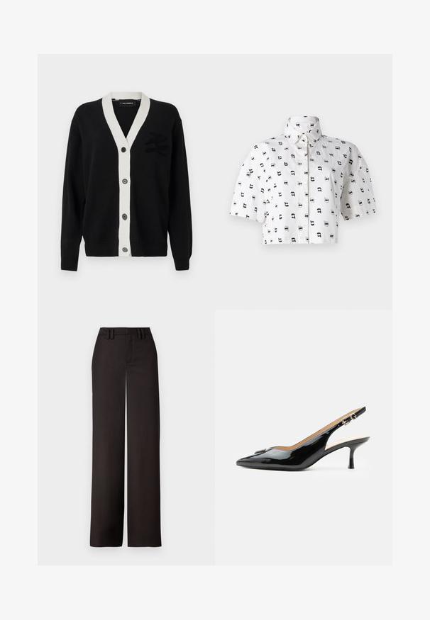 Cárdigan negro con ribete en forma de V blanco y cinco botones delante. Presenta un logo texturizado en el lado izquierdo. Hecho de material suave.; Camisa corta de manga corta en algodón blanco con un patrón gráfico repetido en negro de caras usando gafas de sol. Cuello camisero.; Pantalones anchos negros con una parte delantera plana, presillas para cinturón y una textura suave, diseñados para un ajuste entallado. Sin hardware ni patrones visibles.; Tacón slingback de charol negro con puntera puntiaguda, tacón pequeño tipo kitten y correa con hebilla plateada sobre un fondo blanco liso.
