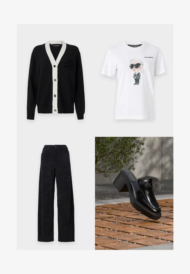 Zwarte cardigan met witte V-halslijn en vijf knopen aan de voorkant. Heeft een gegraveerd logo aan de linkerkant. Gemaakt van zacht materiaal.; Witte katoenen t-shirt met een grafische illustratie van een personage in zwarte zonnebril en een pak. Het label zegt "KARL LAGERFELD."; Zwarte corduroy wijde pijpen broek met een hoge taille, voorzien van twee zakken aan de voorkant en subtiele verticale ribbelstructuur.; Zwarte leren Calvin Klein slip-on mule met blokhak rustend op houten tegels buiten, vlak bij een groene plant en een grijze muur.