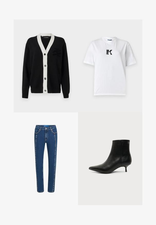 Zwarte cardigan met witte V-halslijn en vijf knopen aan de voorkant. Heeft een gegraveerd logo aan de linkerkant. Gemaakt van zacht materiaal.; Karl Lagerfeld Jeans LOGO TEE - T-shirt basic - white; Donkerblauwe denim jeans met een rechte snit, voorzien van contrasterende stiksels en decoratieve studs langs de zijnaad en de voorkwabben.; Zwart leren enkellaars met puntige neus en lage kittenhak op lichte achtergrond, zijaanzicht buitenkant.