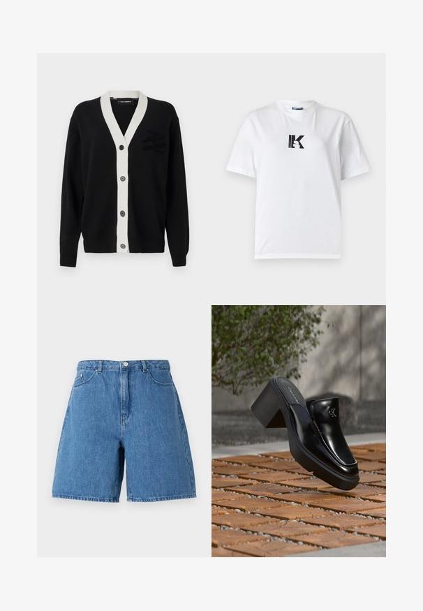 Must koosukas musta värvi kardigan valge V-dekolte trimmi ja viie esipoolse nupuga. Vasakul küljel on tekstuuriline logo. Valmistatud pehmest materjalist.; Karl Lagerfeld Jeans LOGO TEE - Lihtne T-särk - white; Keskmise sinise tooniga teksashortsid, millel on kõrge vöökoht, kaks eesmist taskut ja klassikaline viie-tasku disain koos õmblusdetailidega.; Mustast nahast Calvin Kleini slip-on mules, millel on plokk-konts, toetub puitplaatidele õues, lähedal rohelisele taimele ja hallile seinale.