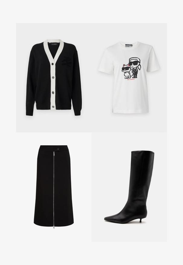 Schwarze Strickjacke mit weißem V-Ausschnitt und fünf Knöpfen auf der Vorderseite. Besitzt ein strukturiertes Logo auf der linken Seite. Hergestellt aus weichem Material.; Weißes Baumwoll-T-Shirt mit einem Grafikdesign eines Charakters und einer Katze, die beide Sonnenbrillen tragen. Das Design enthält schwarze Umrisse und rote Akzente.; Schwarzer Midirock mit silbernem Reißverschluss vorne, der von der Taille bis zum Saum verläuft, und einem Knopfverschluss an der Taillenlasche.; Schwarzer kniehoher Lederstiefel mit spitz zulaufender Schuhspitze und niedrigem Kittenabsatz vor einem schlichten hellen Hintergrund.