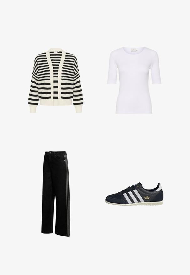 Stribet cardigan med sort og hvid vandret striber, åben front og ribbede manchetter og kant. Fremstillet af blødt, struktureret strikmateriale.; Hvid tætsiddende t-shirt lavet af glat stof, har rund halsudskæring og korte ærmer, uden synlige mønstre eller detaljer.; Sorte denim bukser med vidde i benene, kontrastfarvede striber i siden, knaplukning og klassisk fem-lomme-design. Glat tekstur, ingen synlige mønstre.; Sorte lædersneakers med tre hvide striber, en struktureret finish, guld "adidas JAPAN" logo og en gummisål med grebmønster.