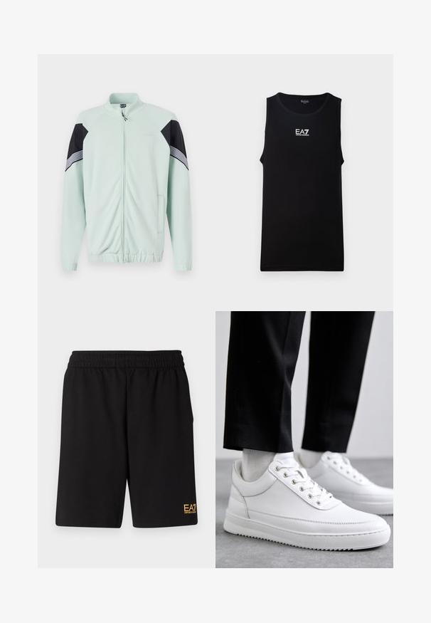 Helle mintgrüne Zip-Jacke mit Stehkragen, schwarzen Akzenten an den Ärmeln, Seitentaschen sowie elastischen Bündchen und Saum. Mit gestreiften Details.; Schwarzes ärmelloses Tanktop mit rundem Halsausschnitt. Besitzt ein weißes EA7 Emporio Armani-Logo auf der Brust. Hergestellt aus glattem Stoff.; Schwarze Sportshorts aus weichem Material, mit einem elastischen Bund und einem kleinen gelben EA7-Logo am unteren linken Bein.; Weiße Leder-Sneaker mit flacher Gummisohle, ausgestattet mit einer glatten Oberfläche, runder Zehenpartie und Metallösen für die Schnürsenkel. Getragen mit schwarzen Hosen.