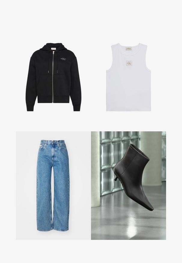 Zwarte hoodie met rits, voorzakken, trekkoorden en klein Calvin Klein-logo op de linkerborst.; Witte mouwloze tanktop met Calvin Klein Jeans-label op de borst en een labeltje bij de halslijn op een effen witte achtergrond.; Lichtblauwe denim wijde jeans met hoge taille, rafelrand en vijf zakken. De verslete textuur voegt diepte toe aan de stof.; Zwarte leren enkellaars met puntige neus en lage hak, afgebeeld tegen een glazen blokkenmuur en gepolijste vloer op de achtergrond.