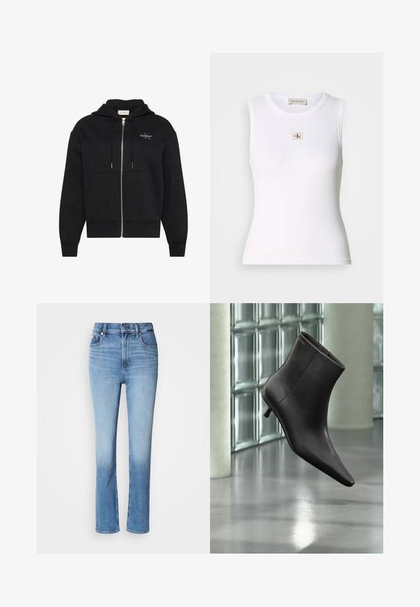 Zwarte hoodie met rits, voorzakken, trekkoorden en klein Calvin Klein-logo op de linkerborst.; Wit geribd mouwloos tanktop met Calvin Klein Jeans-label op de borst en binnenhalslabel.; Blauwe denim jeans met hoge taille, rechtvallende pasvorm, vervaagde kleurverloop en vijf-pocketstijl. Metalen knoop en ritssluiting.; Zwarte leren enkellaars met puntige neus en lage hak, afgebeeld tegen een glazen blokkenmuur en gepolijste vloer op de achtergrond.