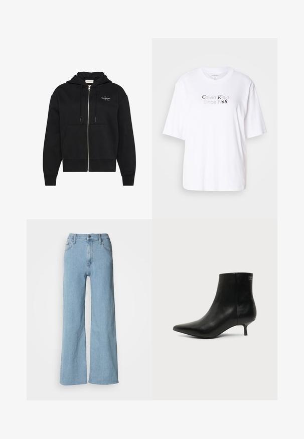 Zwarte hoodie met rits, voorzakken, trekkoorden en klein Calvin Klein-logo op de linkerborst.; Witte katoenen t-shirt met een ronde halslijn en korte mouwen. Bevat grijze tekst "Calvin Klein Since 1968" centraal aan de voorkant.; Lichtblauwe wijde jeans van denim, met een aansluitende taille, vijf-pocket ontwerp en subtiele stiksels.; Zwart leren enkellaars met puntige neus en lage kittenhak op lichte achtergrond, zijaanzicht buitenkant.