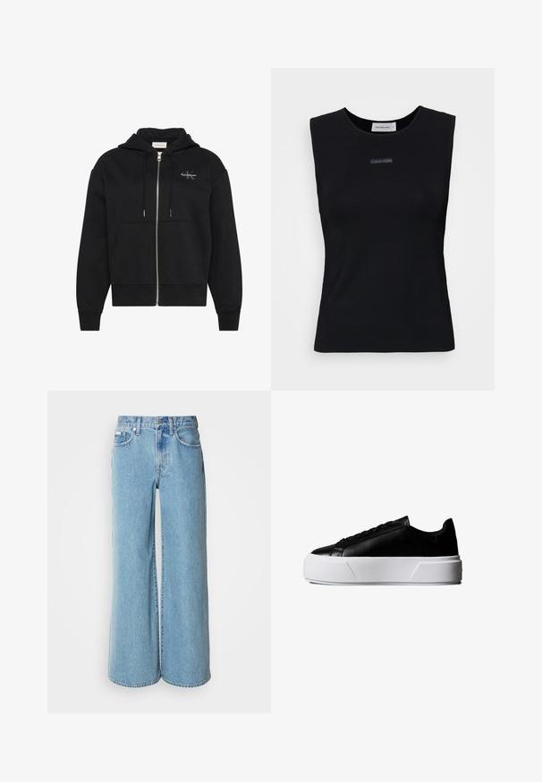 Zwarte hoodie met rits, voorzakken, trekkoorden en klein Calvin Klein-logo op de linkerborst.; Zwart mouwloos topje gemaakt van gladde stof. Heeft een ronde halslijn en een klein Calvin Klein-logo in het midden. Eenvoudig en aansluitend ontwerp.; Lichtblauwe wijde jeans van denim, met een hoge taille, vijf pockets en subtiele vervaging langs de stof.; Zwarte lage sneaker met dikke witte plateauzool en zwarte veters, zijaanzicht op een witte achtergrond.