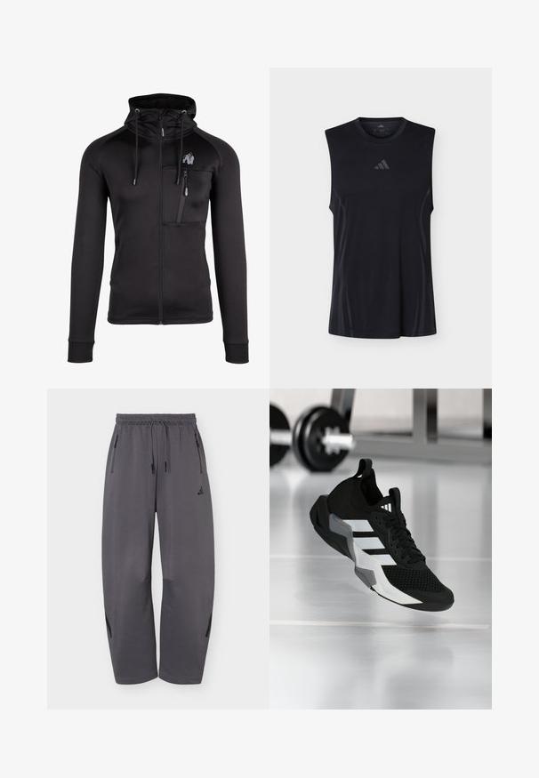 Zwarte zip-up hoodie gemaakt van zachte stof met een getailleerd ontwerp. Heeft een hoge kraag, verstelbare trekkoorden en een ritszak op de borst.; Zwarte mouwloze sportshirt met subtiele mesh zijpanelen en een klein Adidas-logo gecentreerd onder de ronde halslijn.; Donkergrijze atletische broek met wijde pijpen, elastische tailleband, trekkoorden, ritssluitingen aan de zijkanten en een subtiel merkembleem op de linker dij.; Zwart sportief schoen met een mesh bovenwerk, witte strepen en grijze accenten. Voorzien van een gevoerde kraag en een rubberen zool. Geschikt voor gebruik in de sportschool.